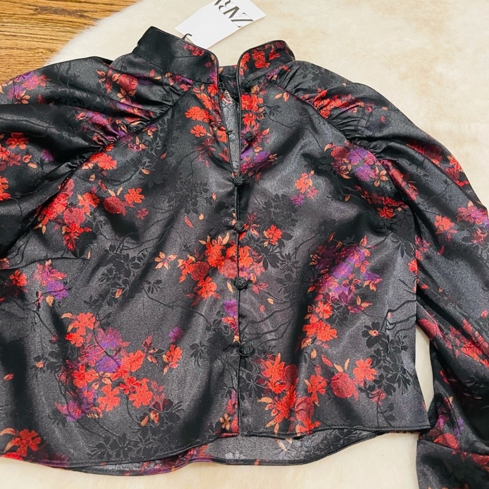 Zara Satin Black Blouse with Red Floral Design